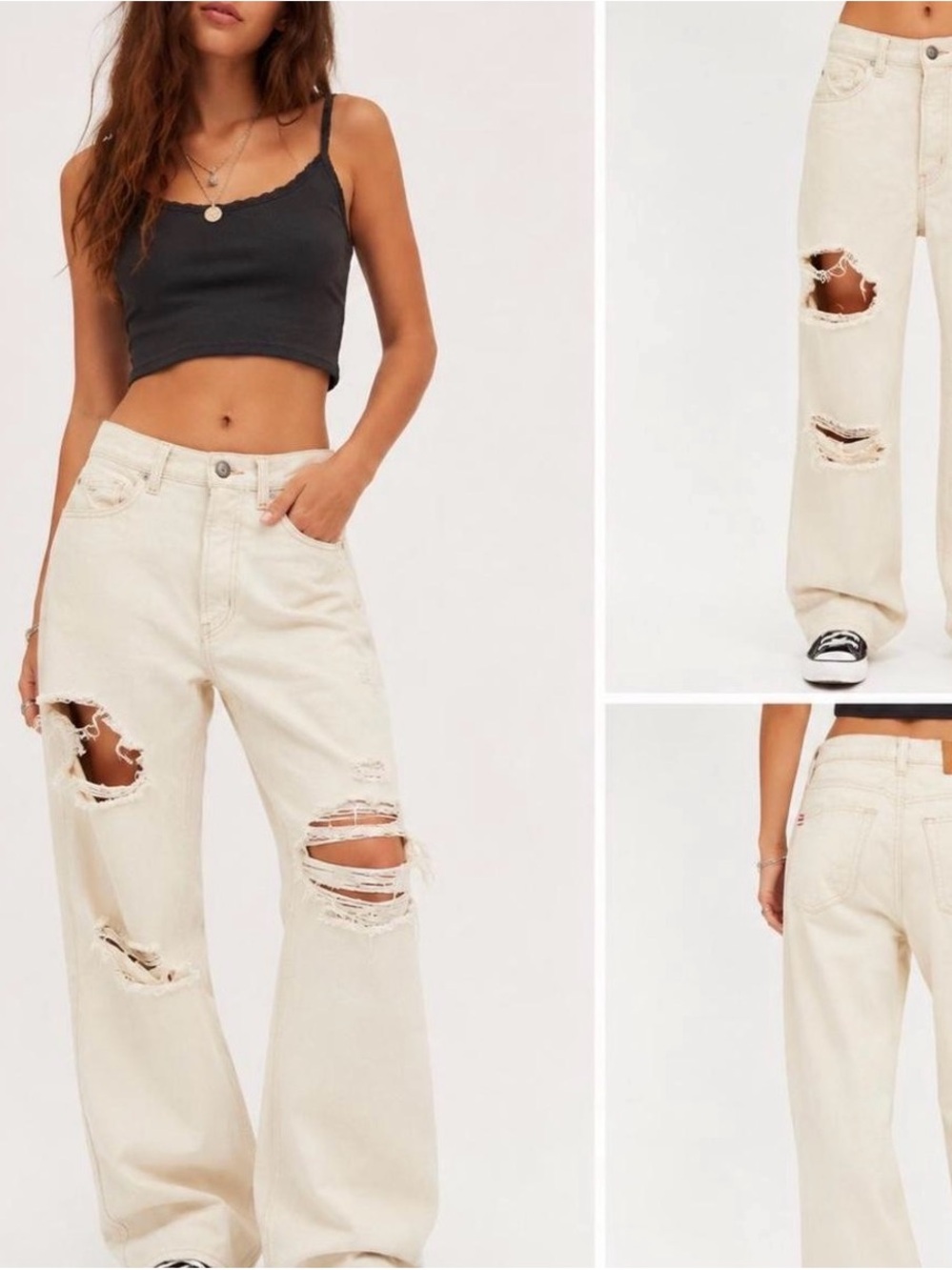 Urban Outfitters Cream Distressed Wide-Leg Jeans